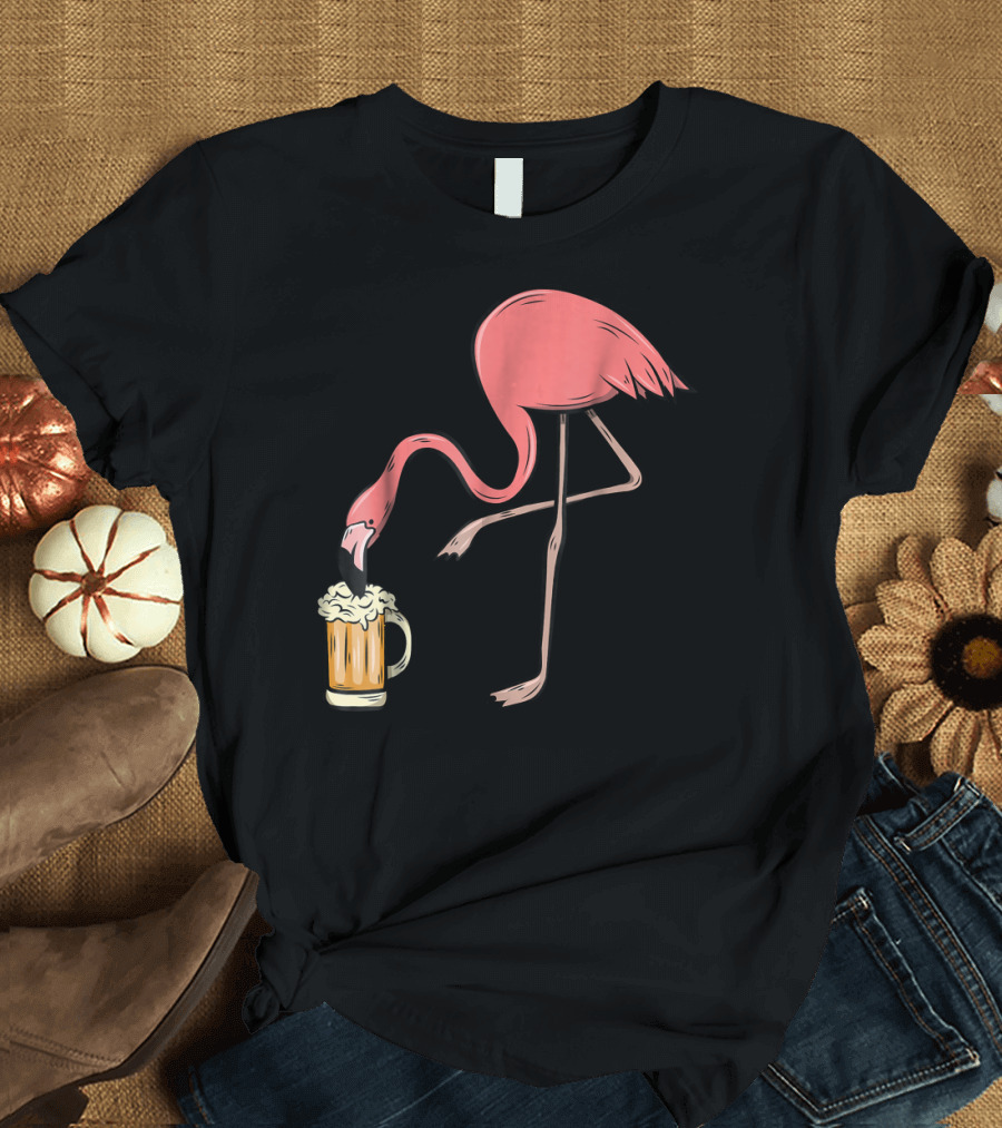 Funny Pink Flamingo Drinking Beer Illustrative Humor T-Shirt