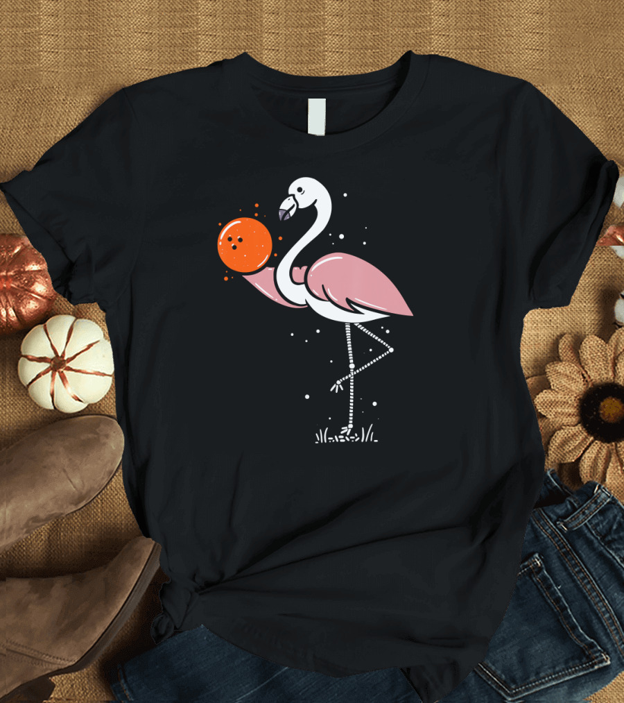 Flamingo Balancing Orange Bowling Ball T-Shirt