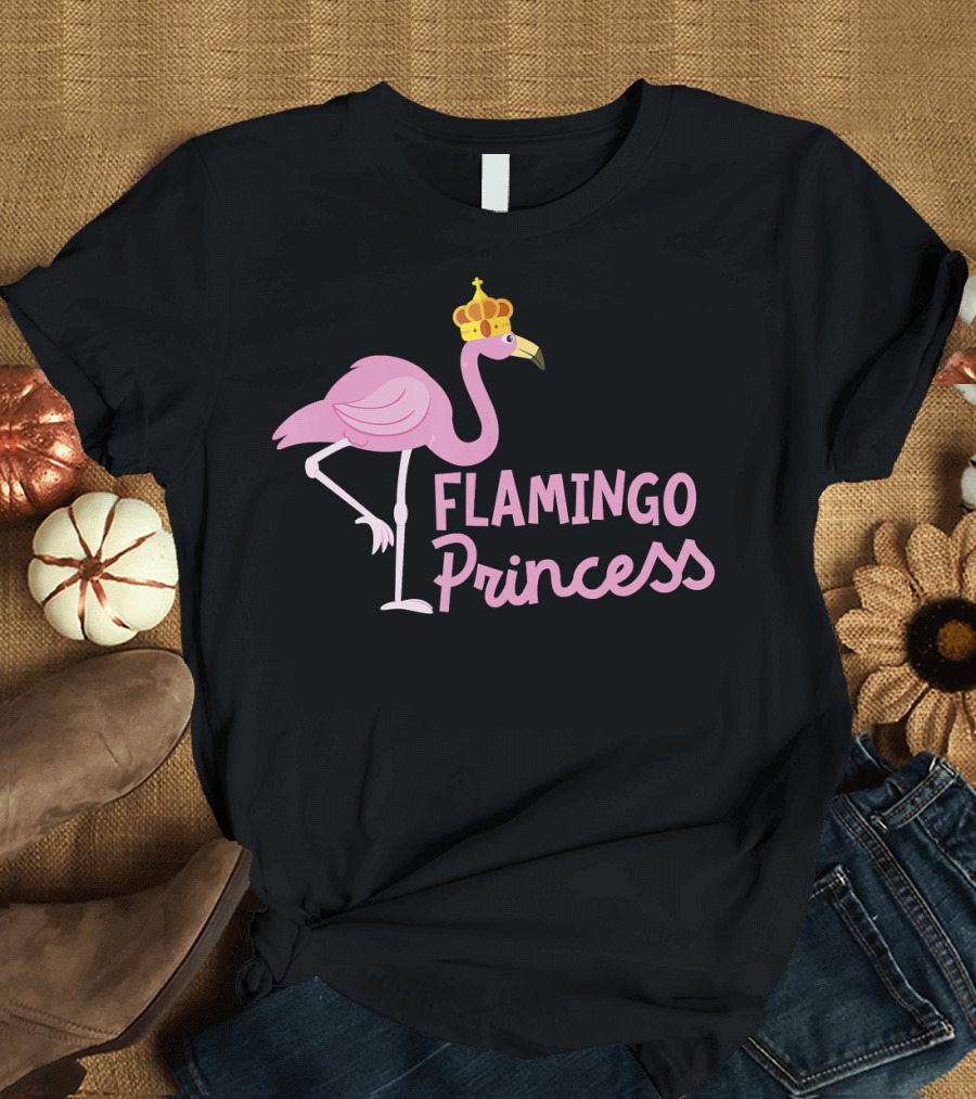 Flamingo Princess with Crown and Pink Bird Wading T-Shirt