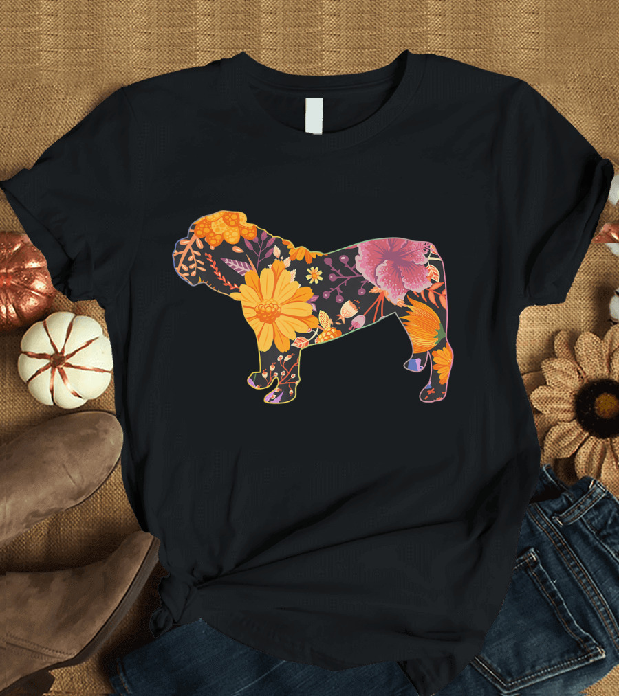 Floral Flower Vintage Bulldog Silhouette with Colorful Botanical T-Shirt