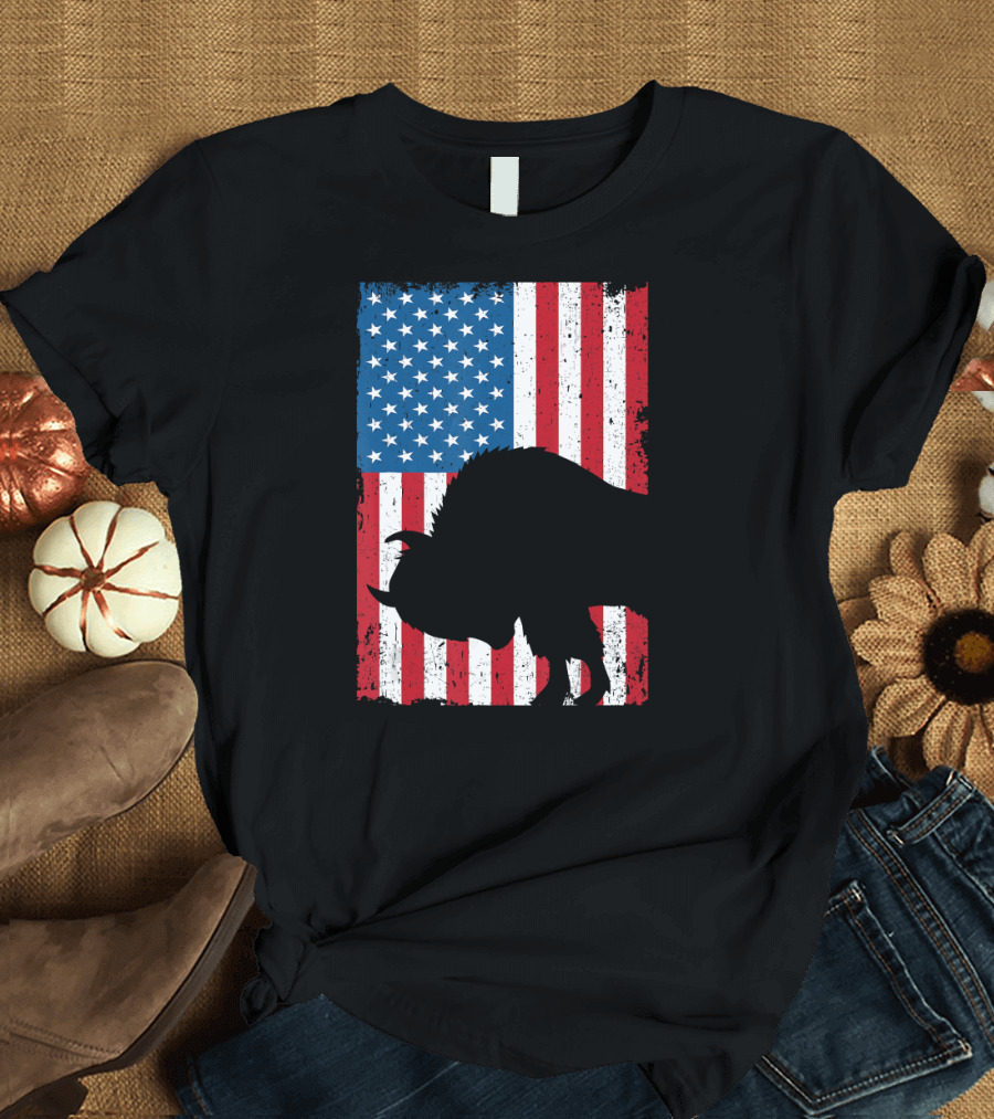 Fourth Of July Bison Patriot American Flag Silhouette Independence Day T-Shirt