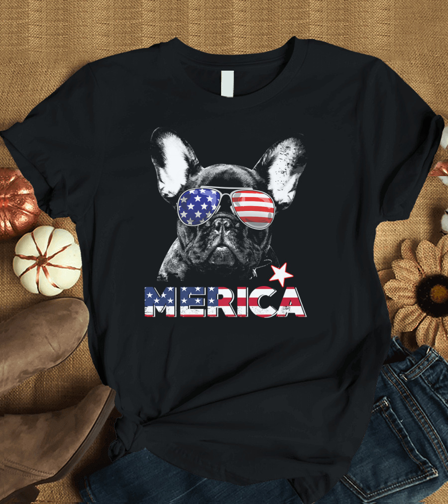French Bulldog Merica Patriotic Star-Spangled Sunglasses USA T-Shirt