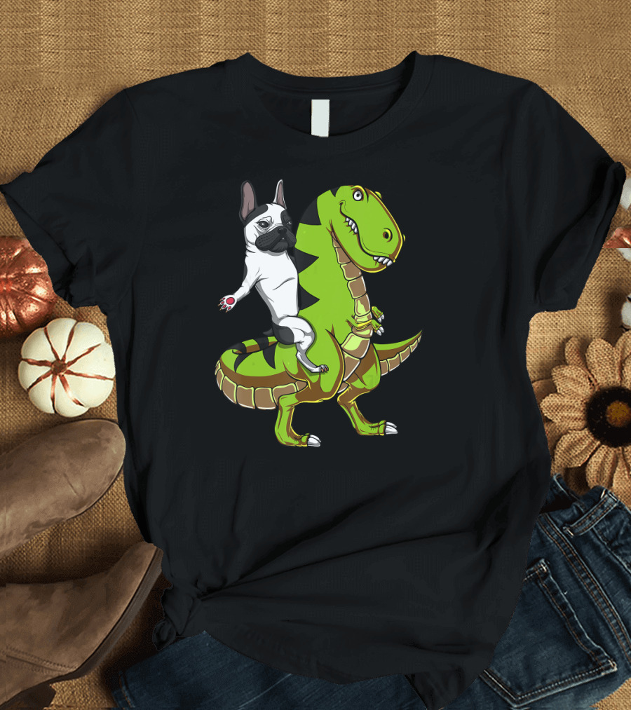 French Bulldog Riding T-Rex Dinosaur Adventure T-Shirt