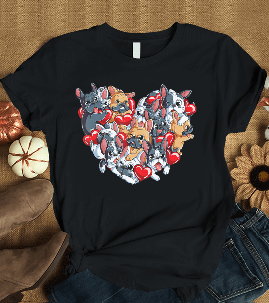 French Bulldog Valentines Day Heart with Cute Puppies and Red Hearts T-Shirt