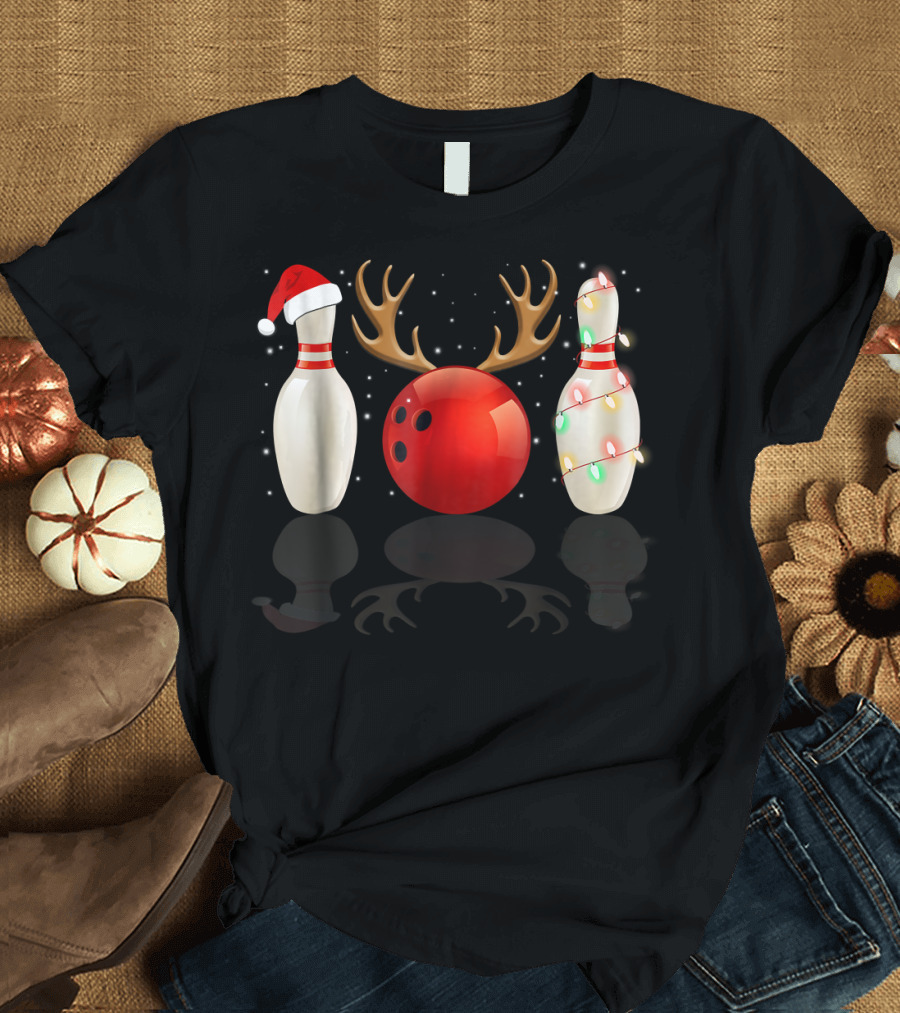 Reindeer Antlers Bowling Ball Santa Hat Christmas Lights Bowling Pins Funny Holiday Bowling T-Shirt