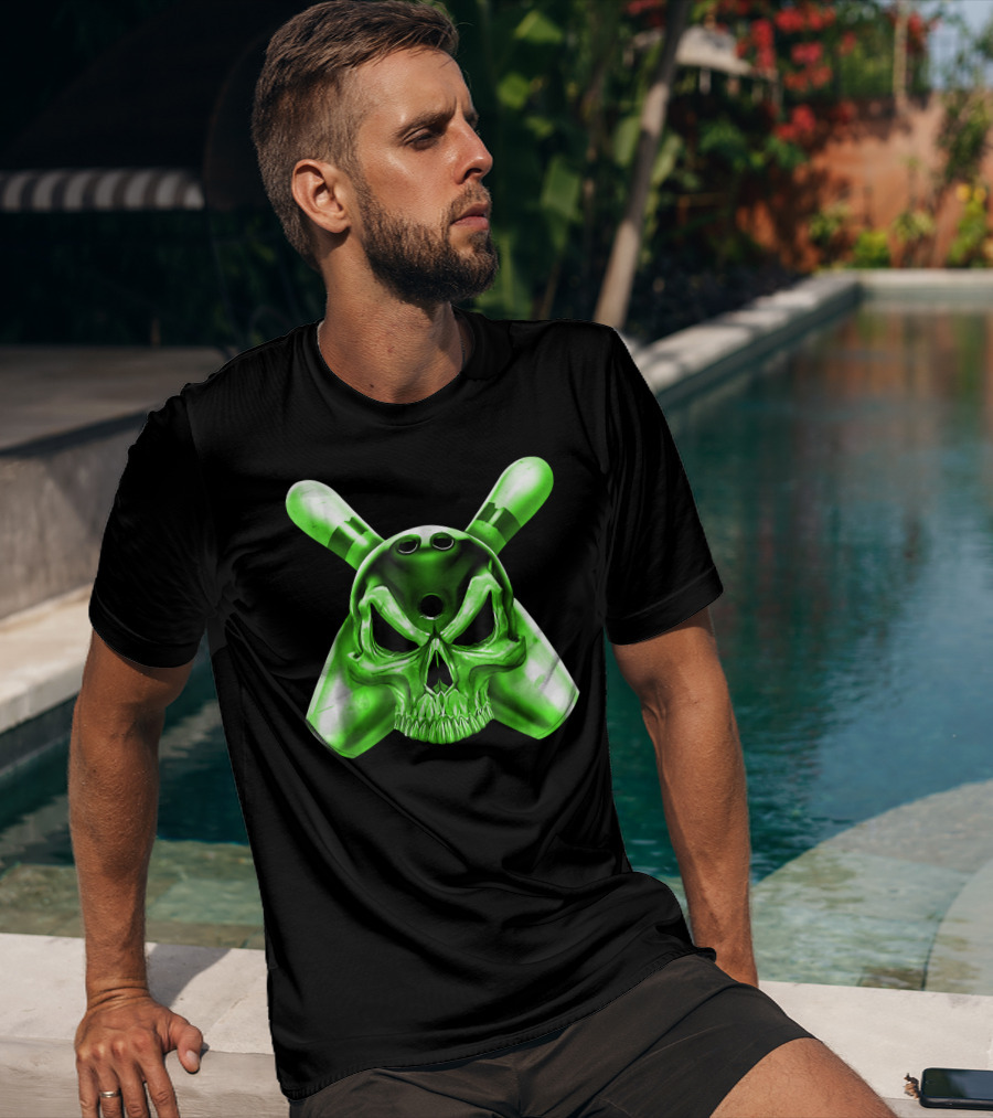 Bowling Skull Crossed Pins Green T-Shirt