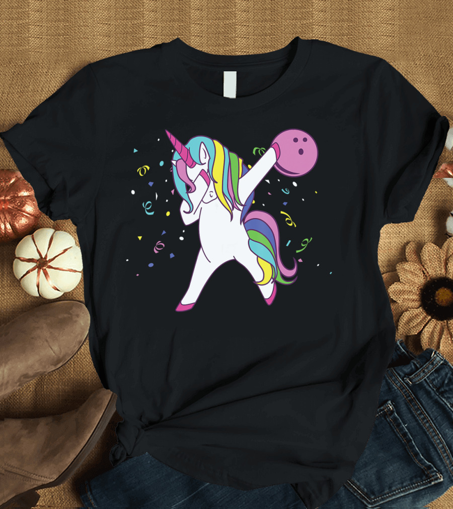 Funny Dabbing Unicorn with Colorful Bowling Ball and Confetti T-Shirt