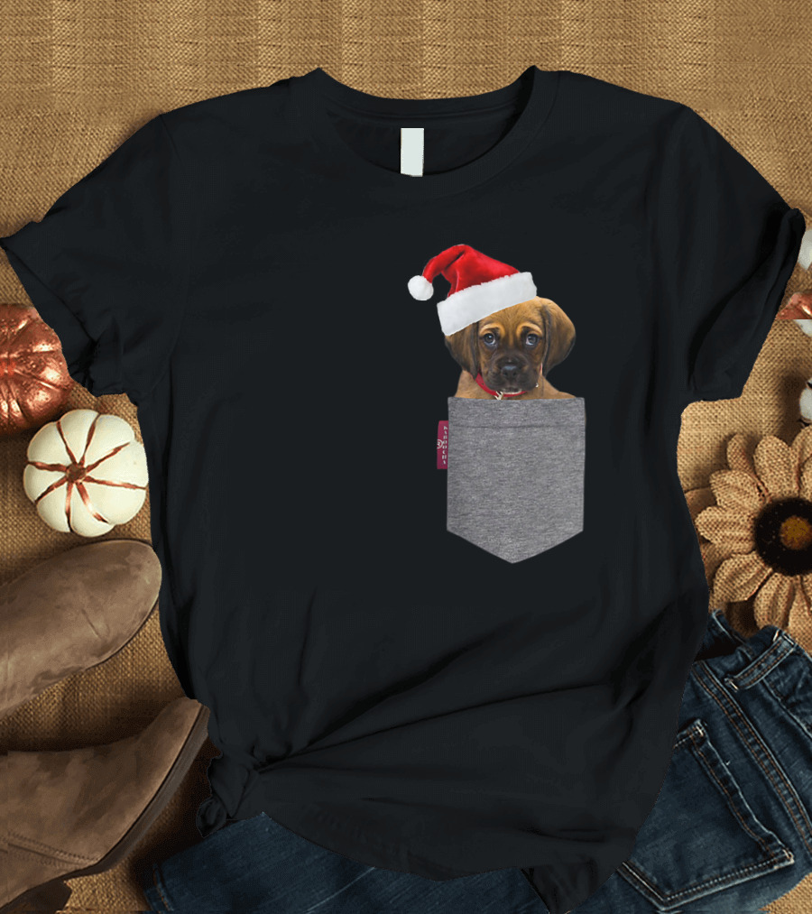 Funny Puggle in a Santa Hat Cute Beagle Pug in a Pocket T-Shirt