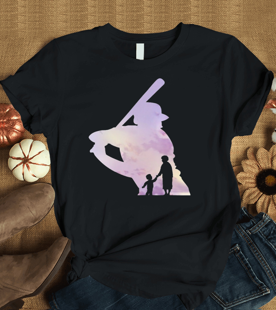 Grandma Behind Every Player Baseball Silhouette with Child Holding Hands T-Shirt