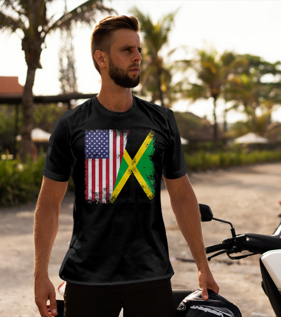 Half Jamaican Flag Vintage Jamaica U.S.A. Flag Overlay T-Shirt