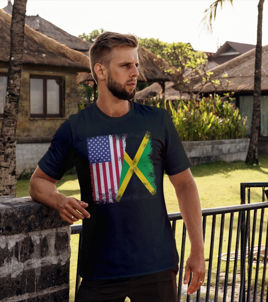 Half Jamaican Flag Vintage Jamaica U.S.A. Flag Overlay T-Shirt