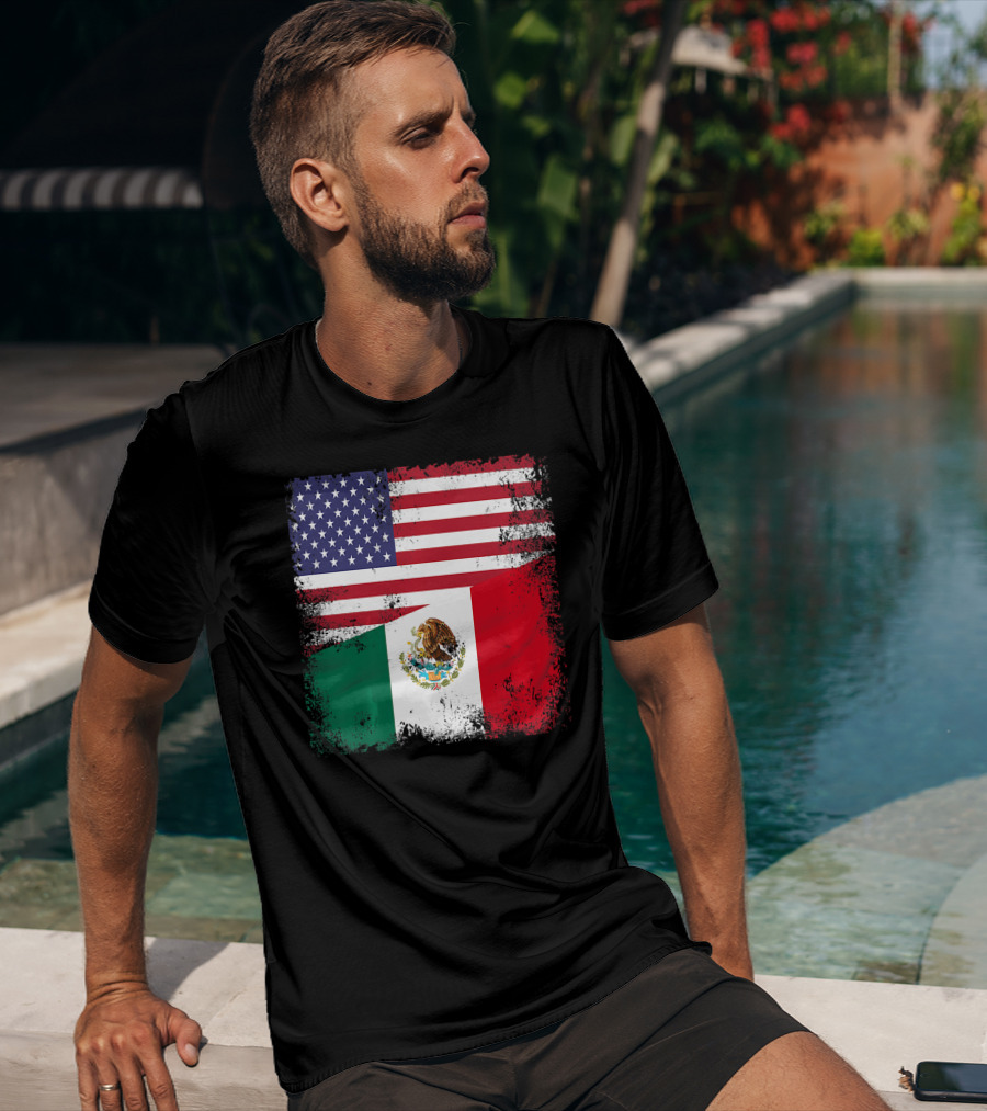 Half Mexican Flag Vintage Mexico U.S. American Flag Dual Heritage T-Shirt