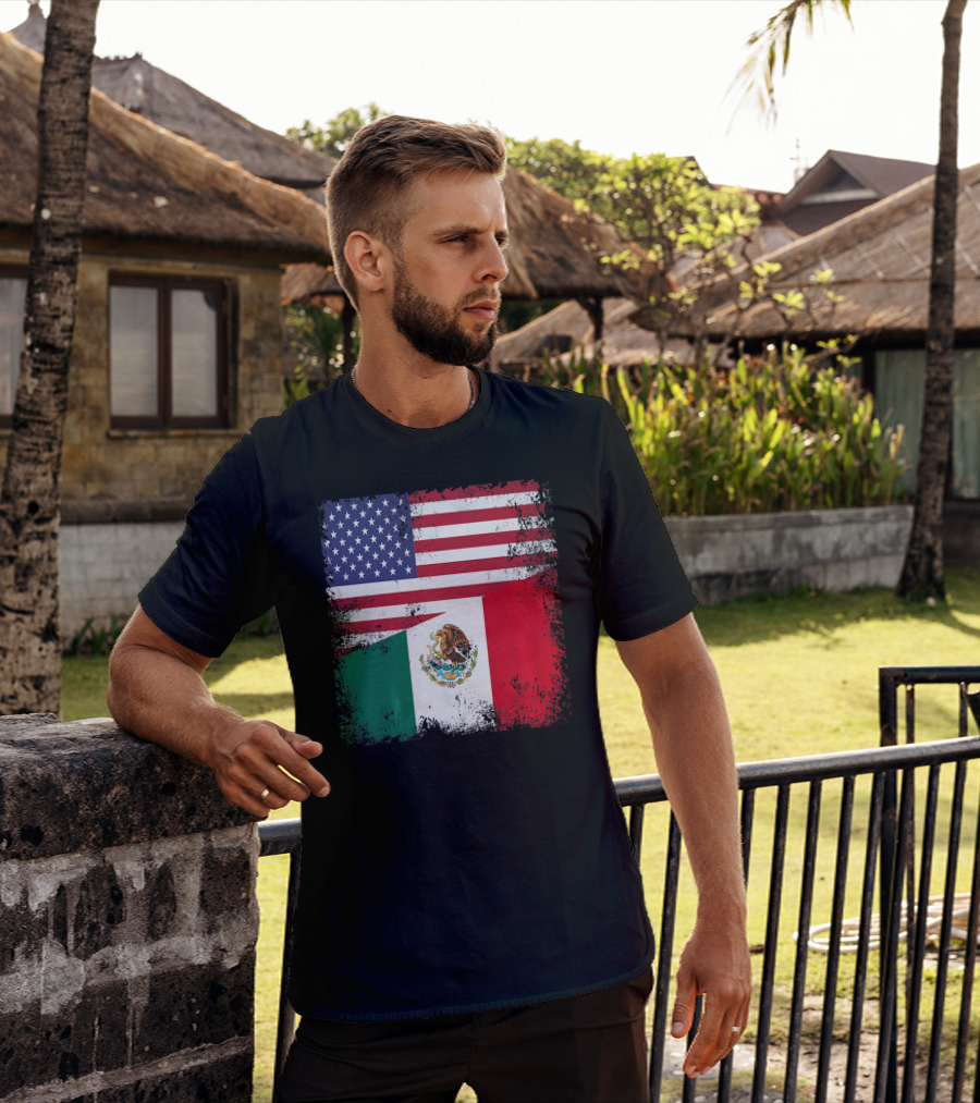Half Mexican Flag Vintage Mexico U.S. American Flag Dual Heritage T-Shirt