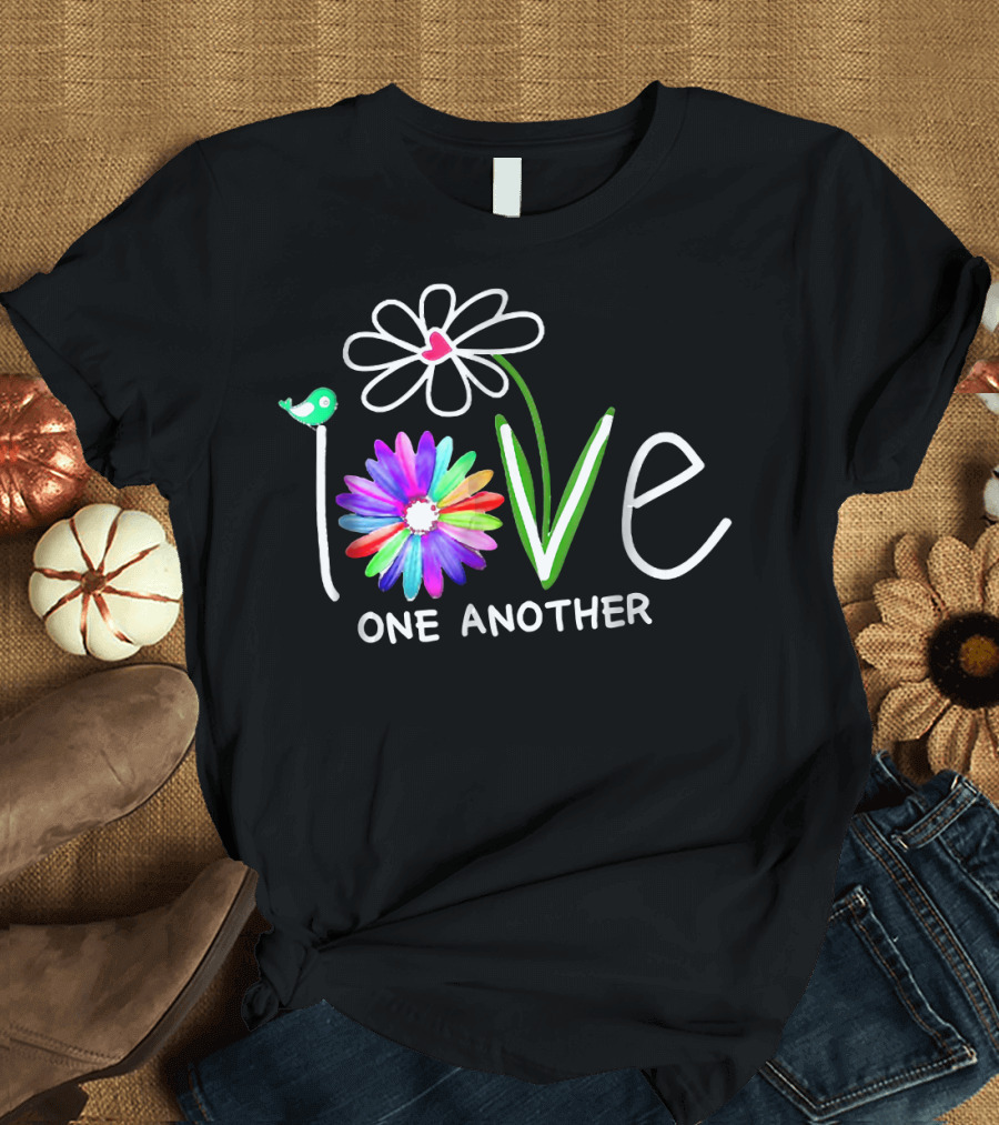 Hippie Daisy Flower Bird Love One Another Colorful Peaceful Message T-Shirt