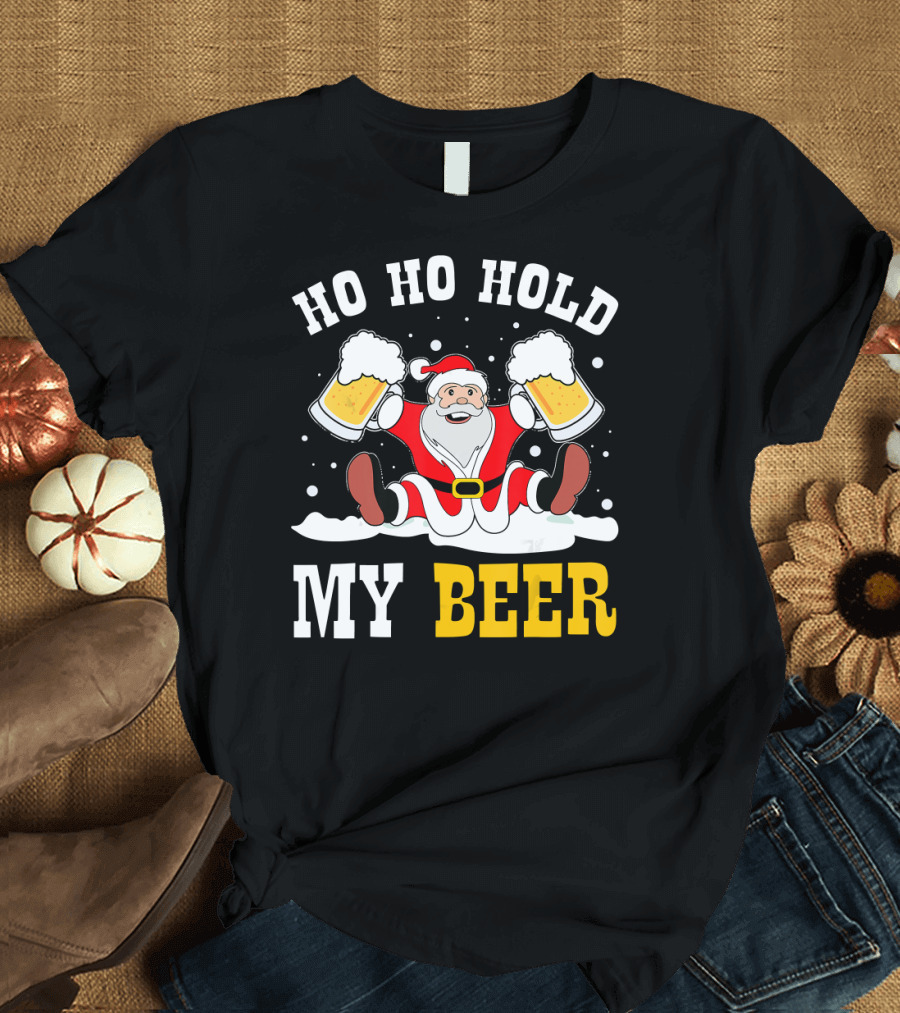 Ho Ho Hold My Beer Santa Claus with Beer Mugs in Snow T-Shirt