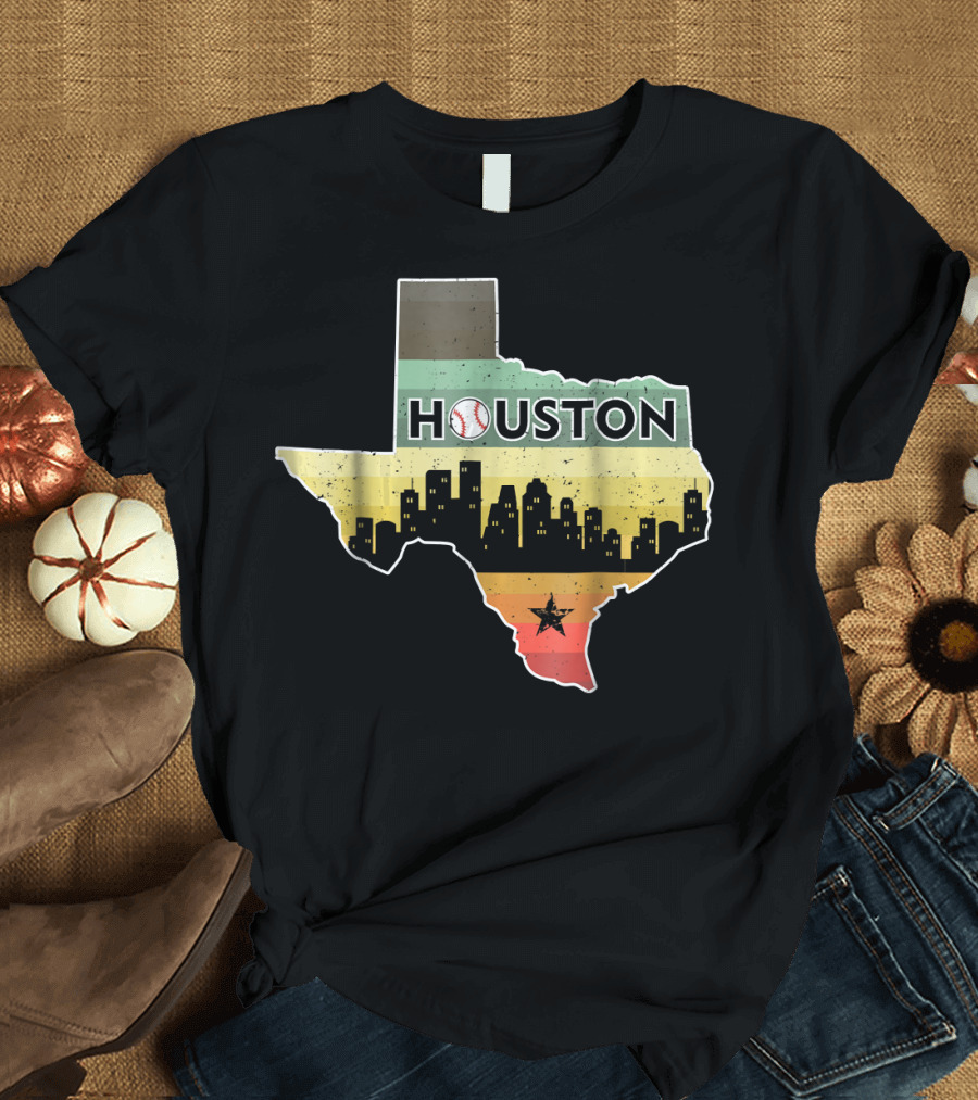 Houston Baseball Skyline with Texas Map and Retro Stripes T-Shirt