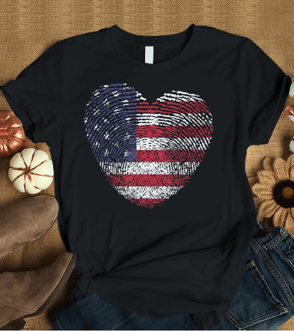 T-Shirt: American Flag Heart Shape Fingerprint T-Shirt American Flag Heart Shape Fingerprint T-Shirt