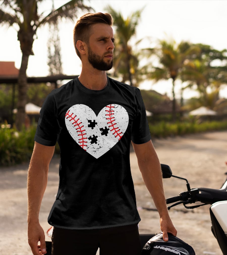 Baseball Heart Autism Puzzle Love T-Shirt