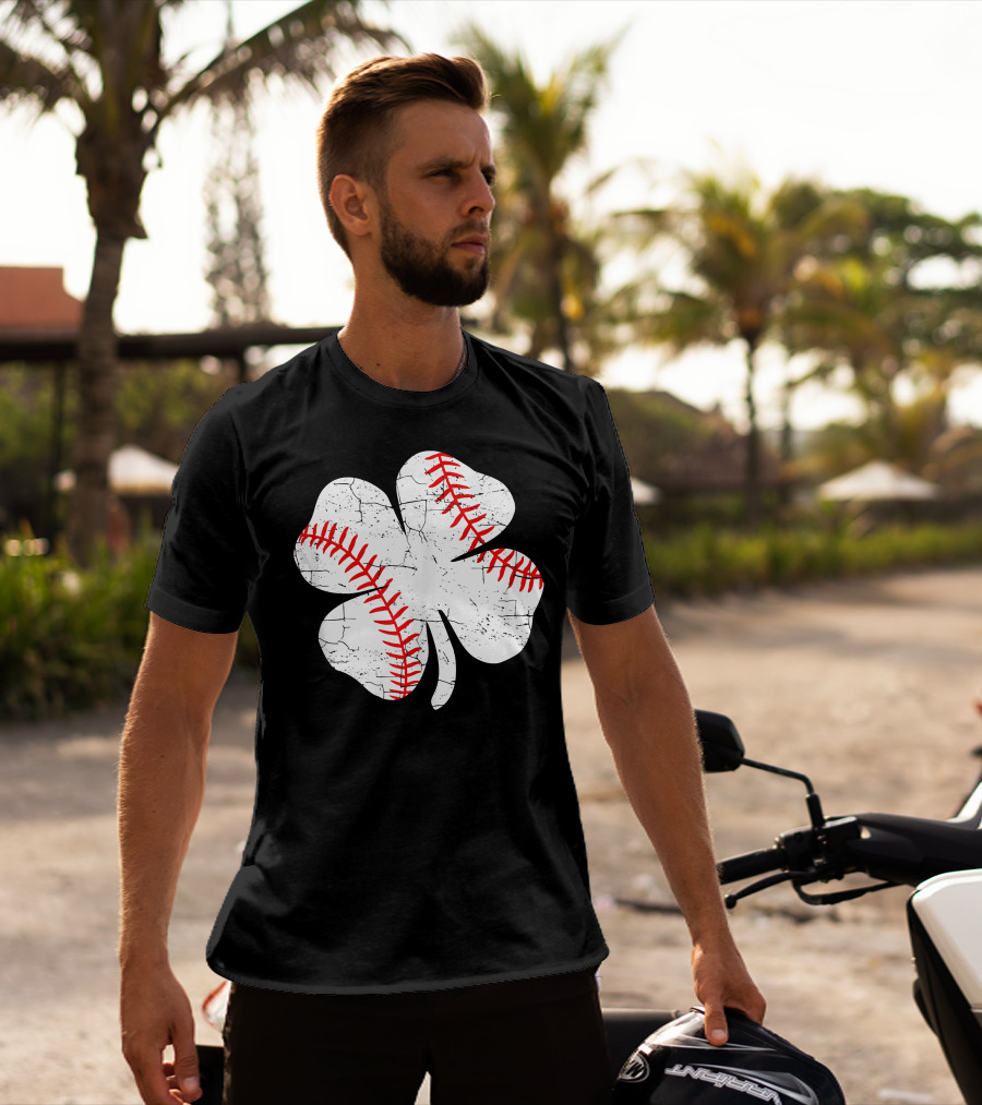 Baseball Patricks Day Boys Me Shamrock Stitch T-Shirt