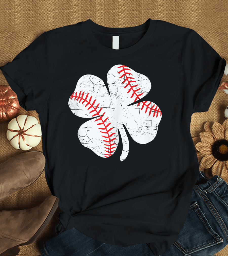 Baseball Patricks Day Boys Me Shamrock Stitch T-Shirt