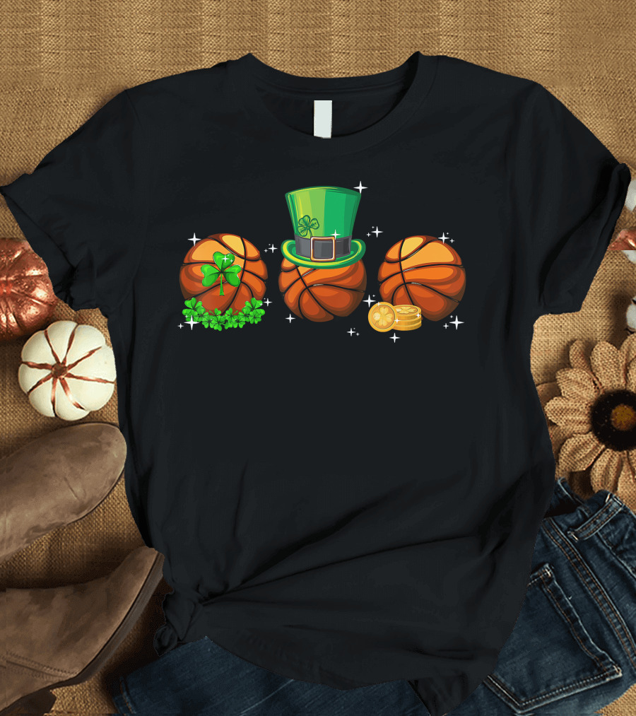Basketball Trio with Leprechaun Hat Shamrocks and Gold Coins T-Shirt