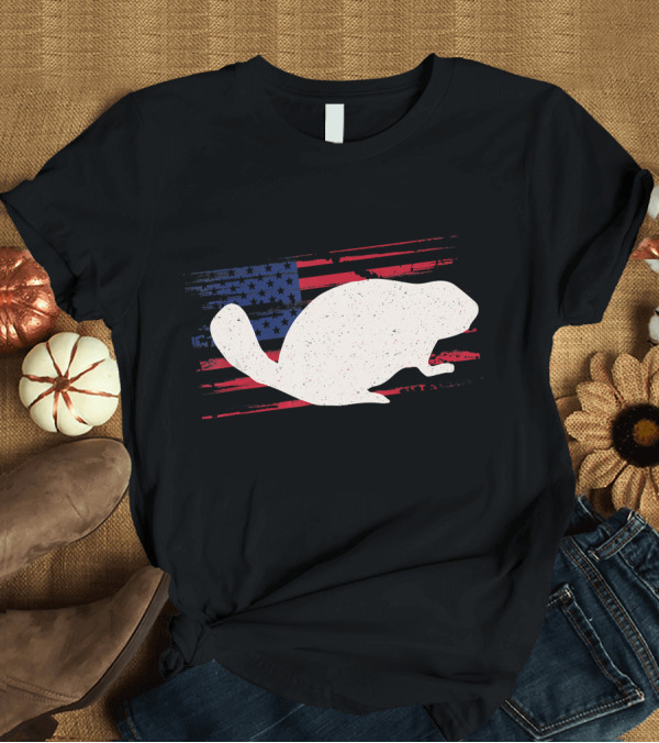 T-Shirt: Beaver Silhouette on Distressed American Flag Rodent T-Shirt Beaver Silhouette on Distressed American Flag Rodent T-Shirt