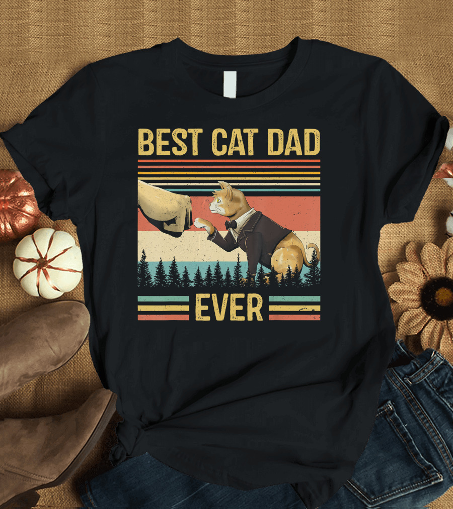 Best Cat Dad Ever Retro Paw Fist Bump Forest Stripes T-Shirt