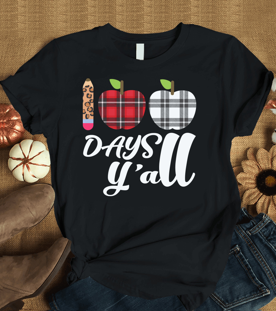 Buffalo Plaid Leopard Pencil 100 Days Y'all Apples T-Shirt