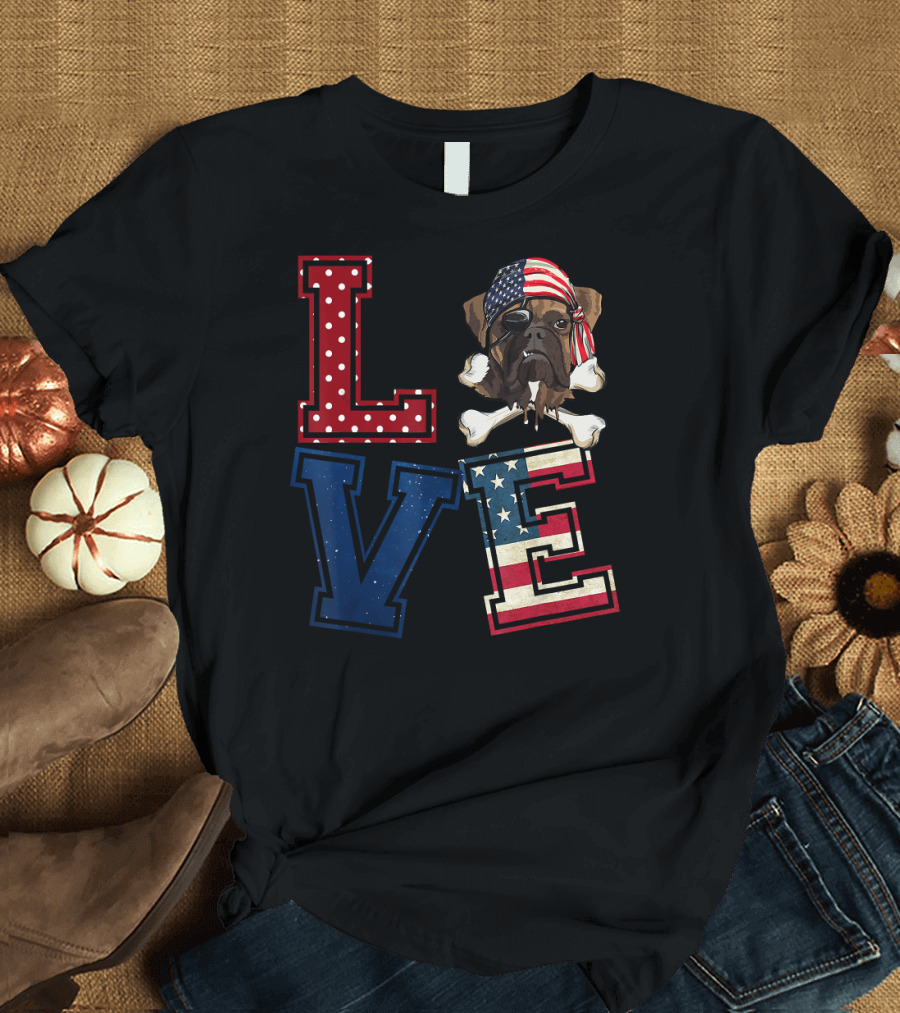 LOVE Boxer Dog with Pirate Bandana and American Flag Letters T-Shirt