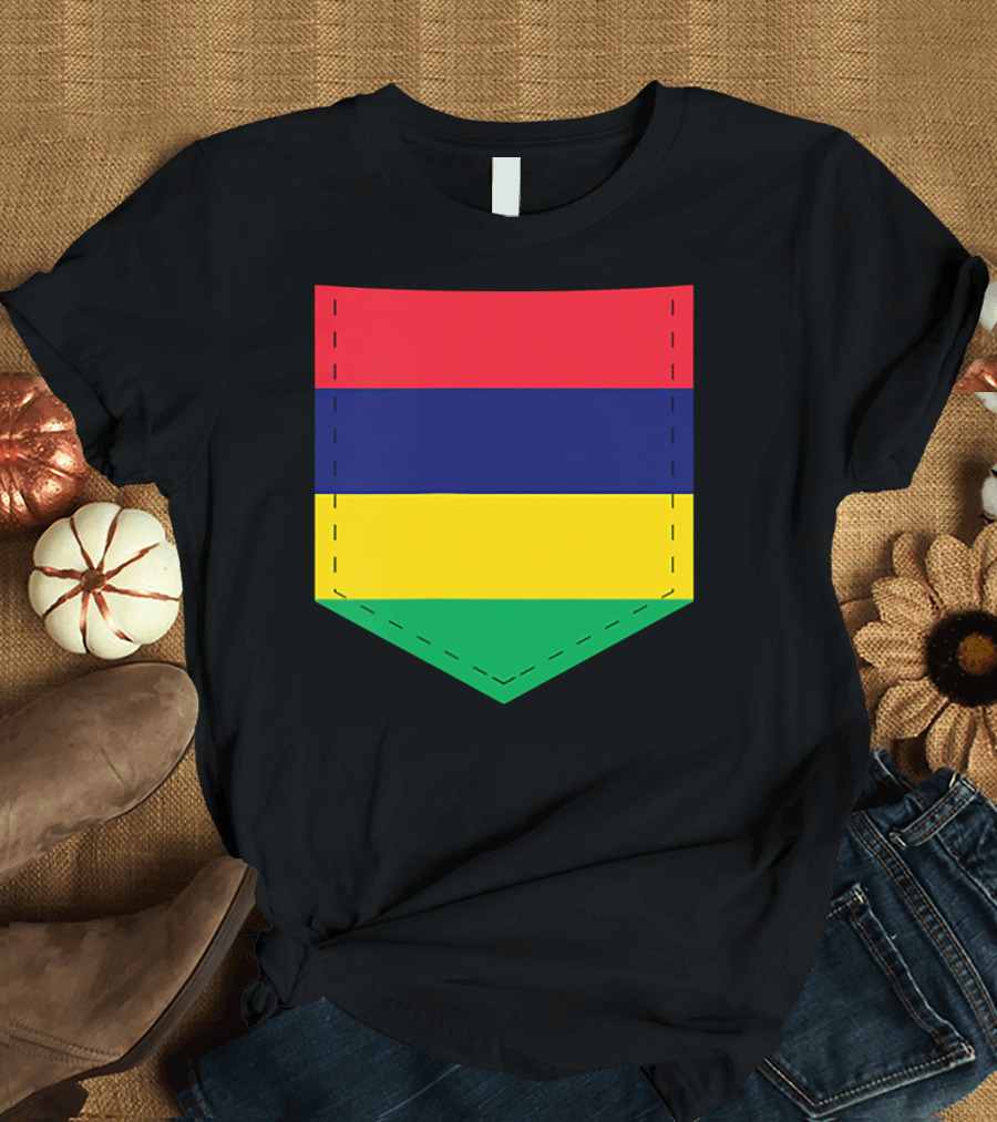 Mauritius Flag Colors Pocket Design with Printed Mauritani T-Shirt