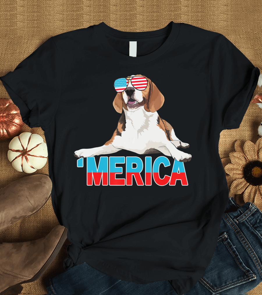 'Merica Beagle With American Flag Sunglasses T-Shirt