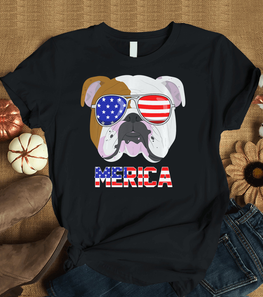 Merica English Bulldog Wearing American Flag Sunglasses 4th Of July T-Shirt