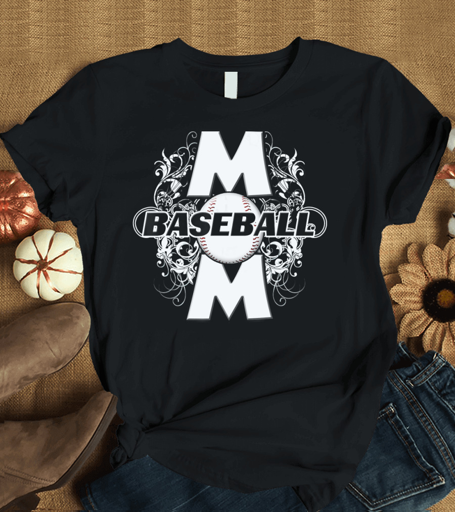 Mom Baseball Sports Fleur-De-Lis Decorated Ball Motif T-Shirt