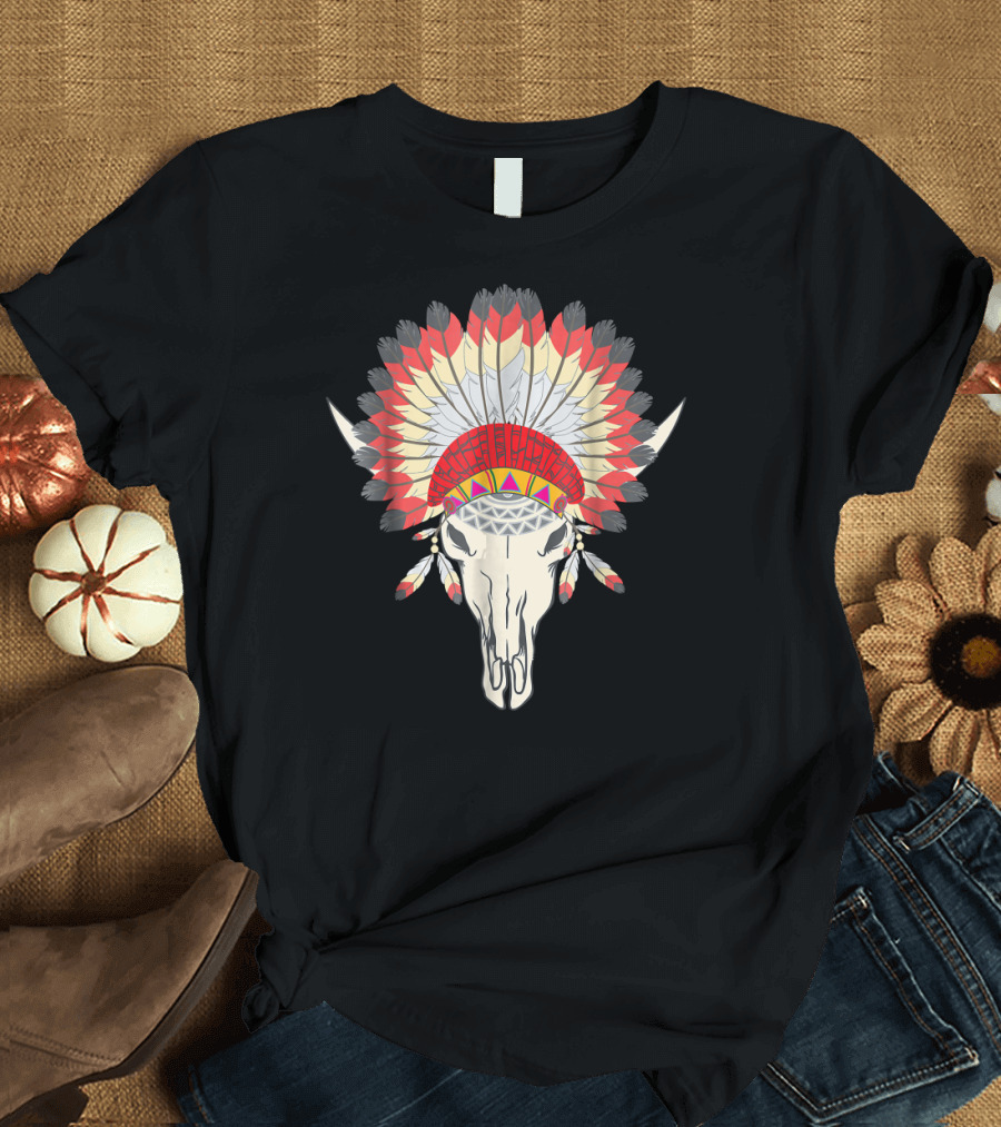 Native American Bison Skull Headdress with Feathers T-Shirt