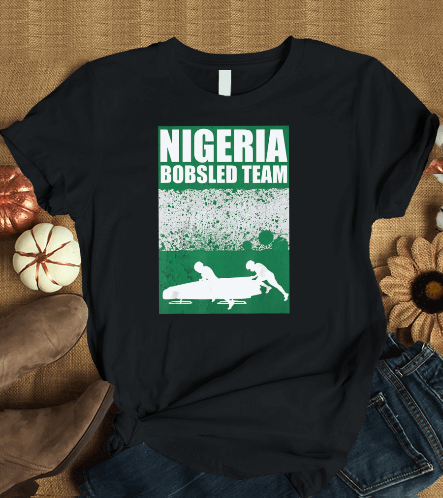 Nigeria Bobsled Team Sledding Silhouette with Painted Flag Background T-Shirt