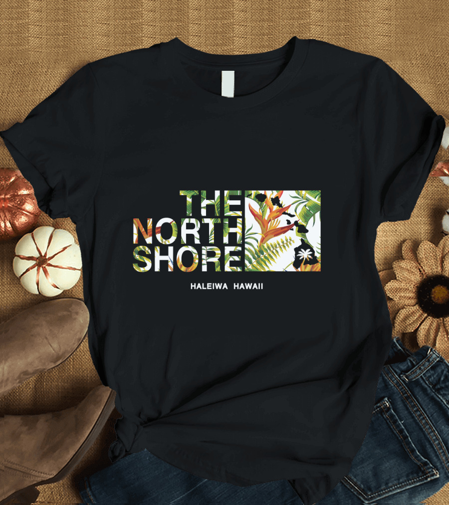 The North Shore Haleiwa Hawaii Tropical Bird of Paradise Ferns and Palm Map T-Shirt