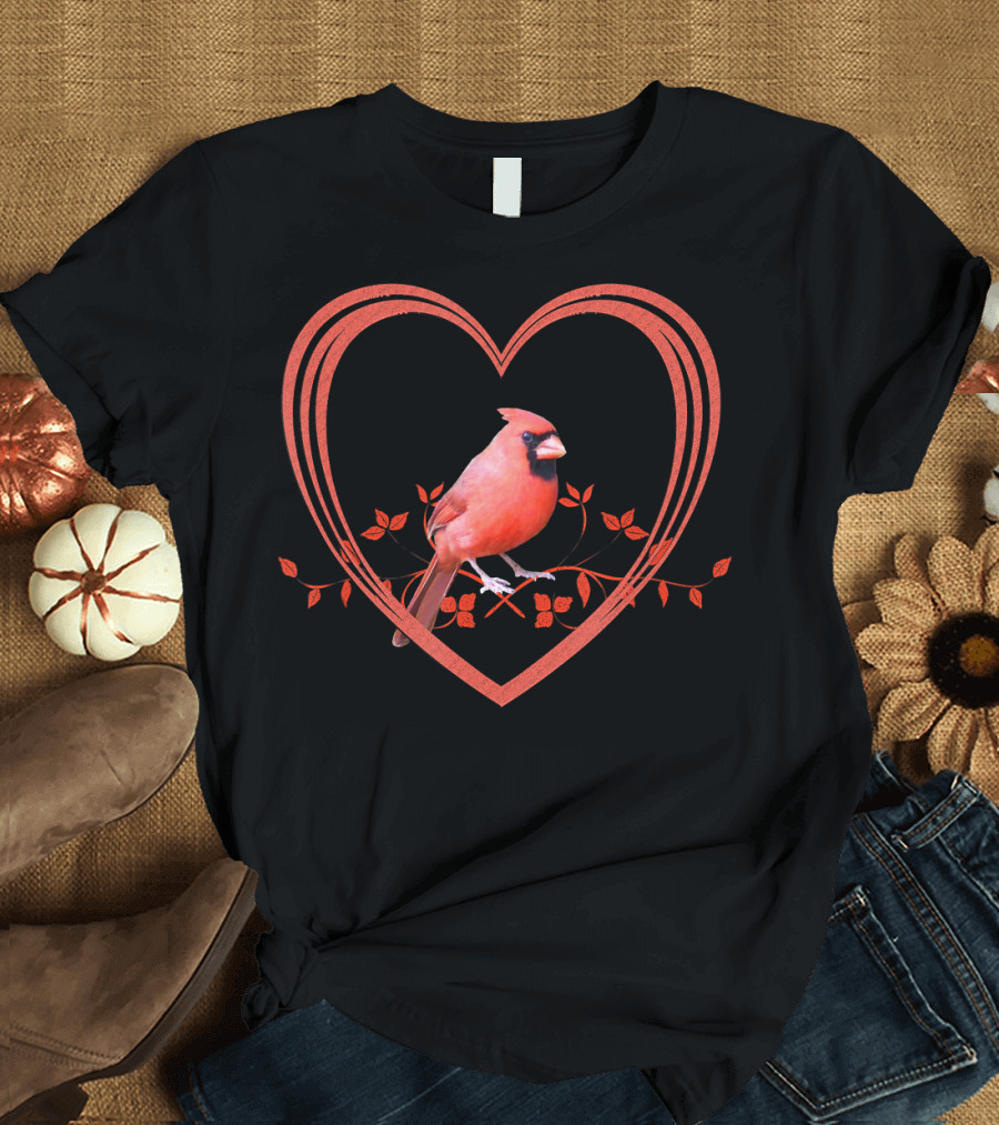 Northern Cardinal Bird in Heart Frame with Floral Accents T-Shirt