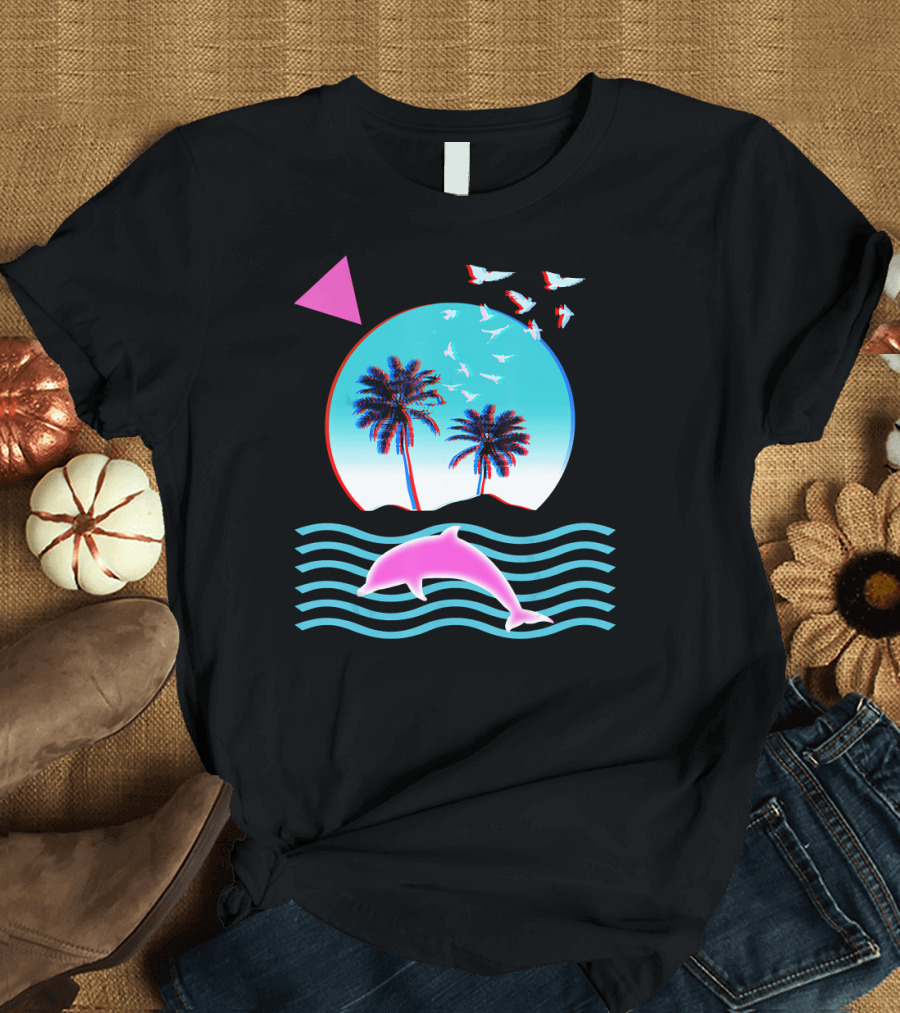 Vaporwave 80s Aesthetic Palm Tree Sunset with Dolphin and Birds T-Shirt