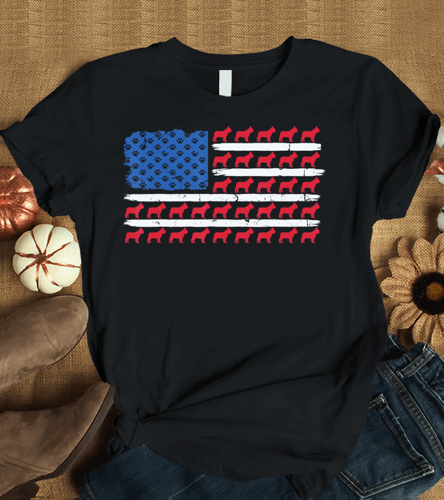 Patriotic American Flag French Bulldog Paw Prints T-Shirt