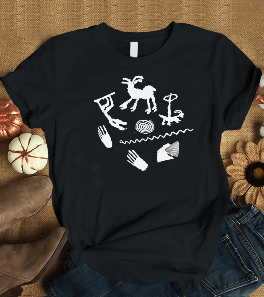 Petroglyph Rock Art Multiples Hand Symbols Goat Spiral Wave T-Shirt