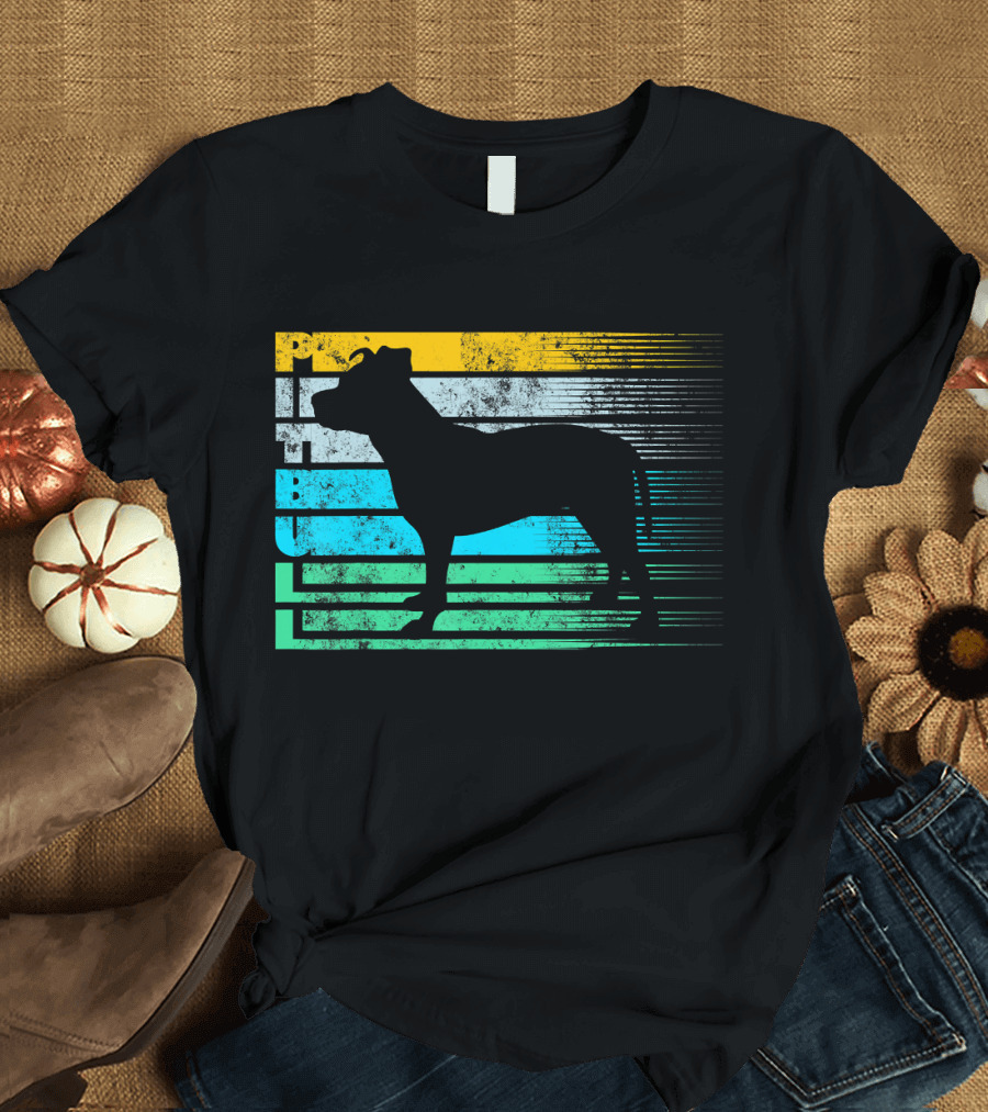 Pitbull Silhouette Retro Yellow Blue Stripes T-Shirt