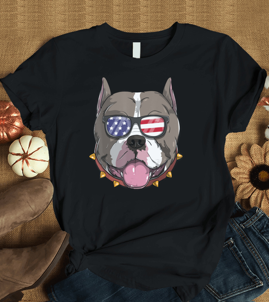 Pitbull Dog American Flag Sunglasses Patriotic USA 4th of July America T-Shirt