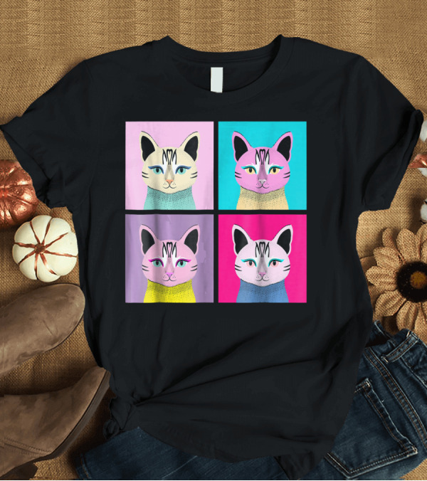 T-Shirt: Pop Art Cat Illustrated Colorful Squares T-Shirt Pop Art Cat Illustrated Colorful Squares T-Shirt