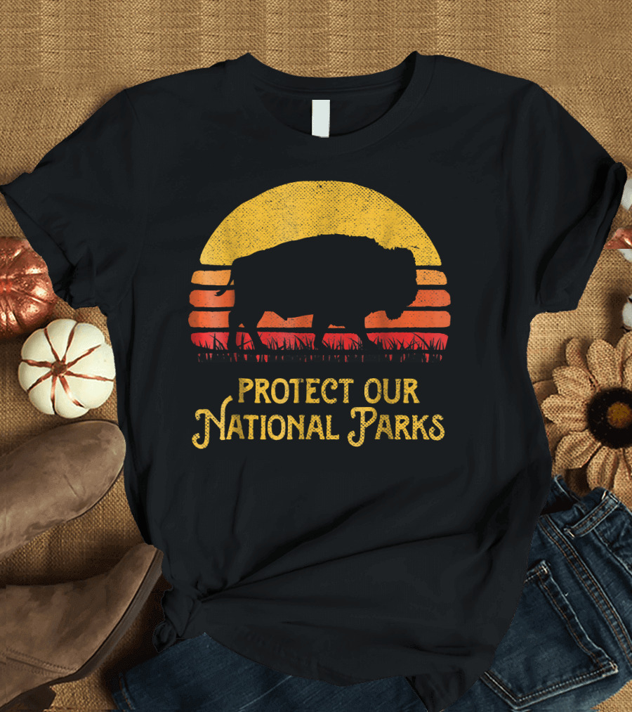 Protect Our National Parks Bison Silhouette Sunset Retro T-Shirt