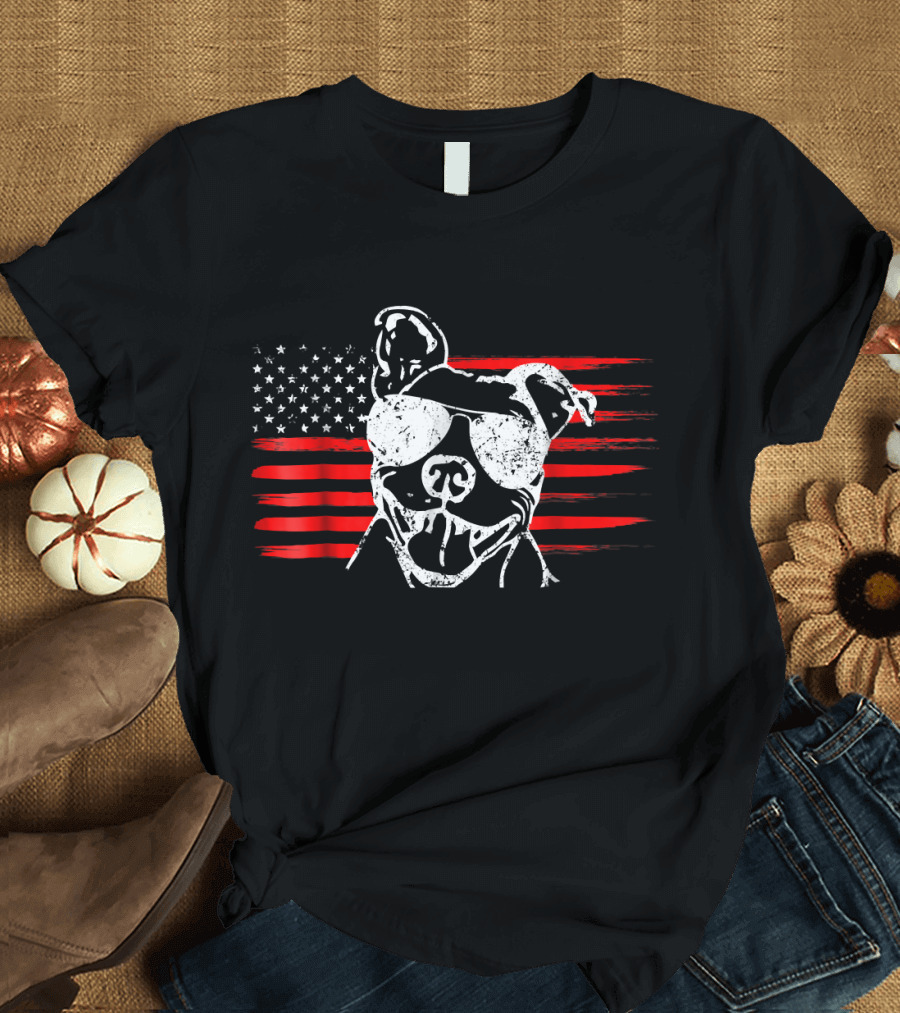 American Flag Sunglasses Pit Bull USA Pride T-Shirt