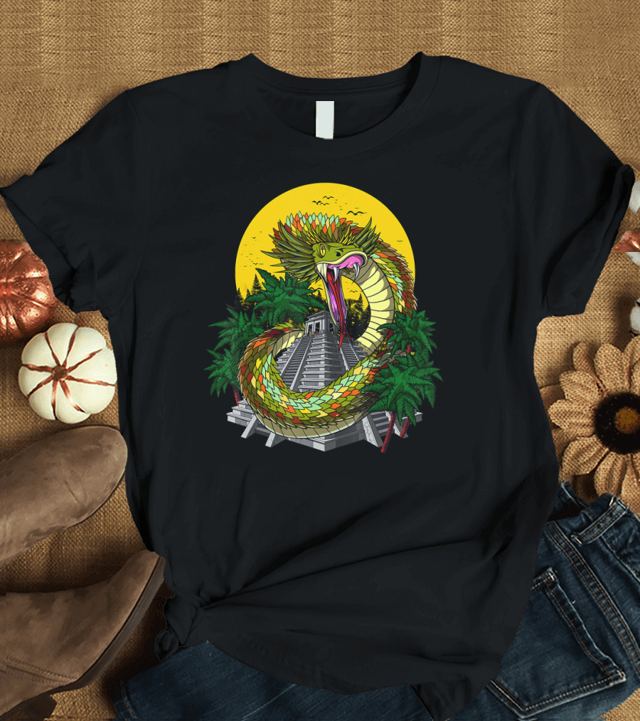 Quetzalcoatl Feathered Serpent with Ancient Pyramid and Jungle Scene T-Shirt