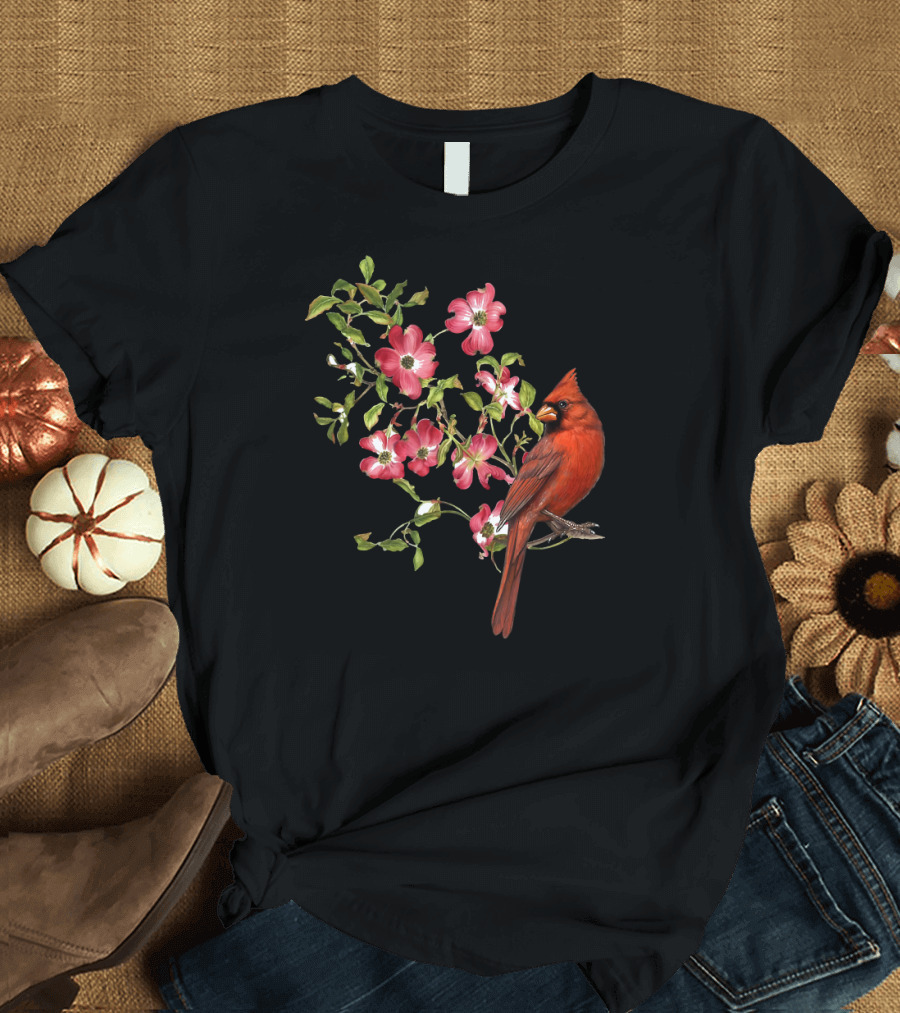 Red Cardinal Bird and Pink Flowering Dogwood Blossoms T-Shirt