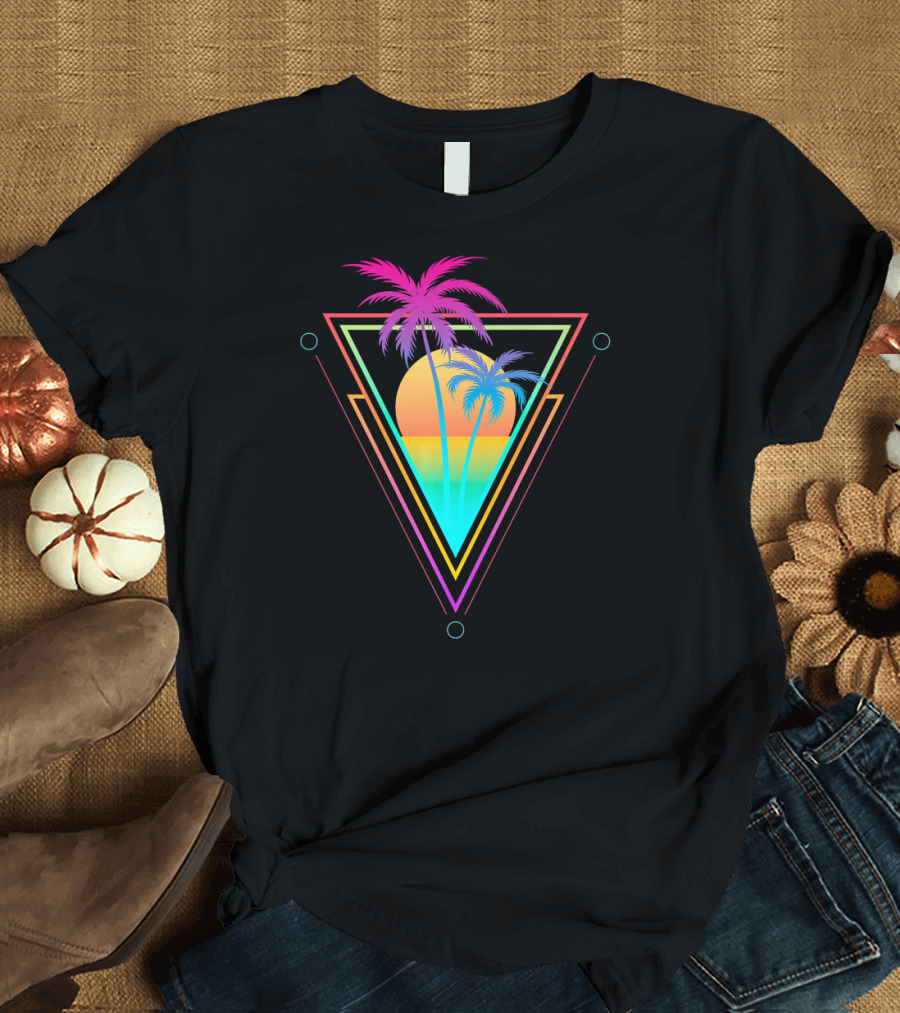 Retro 1980s 1990s Vaporwave Neon Palm Trees Sunset Triangle T-Shirt
