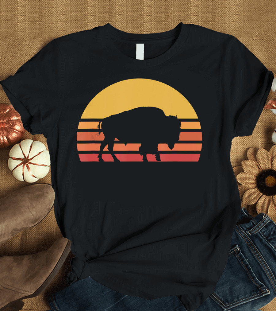 Retro Bison Silhouette Against Sunlines Sunset T-Shirt