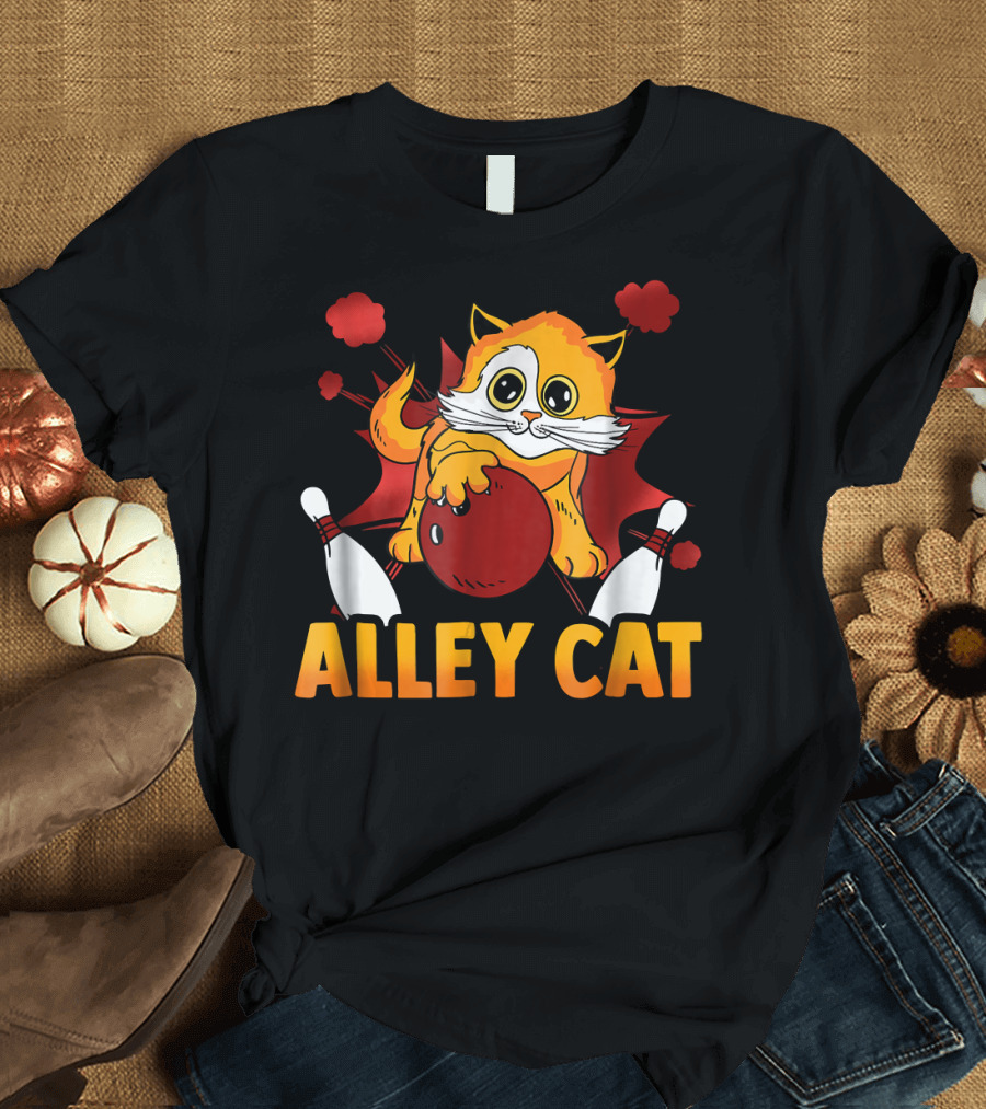 Alley Cat Retro Bowling Team Cartoon with Pins and Ball T-Shirt